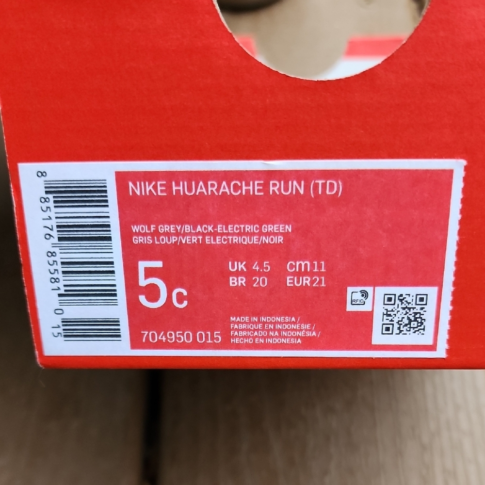 Nike Huarache‎ Run TD Toddler Shoes Wolf Grey Electric Green 5c - Picture 2 of 6